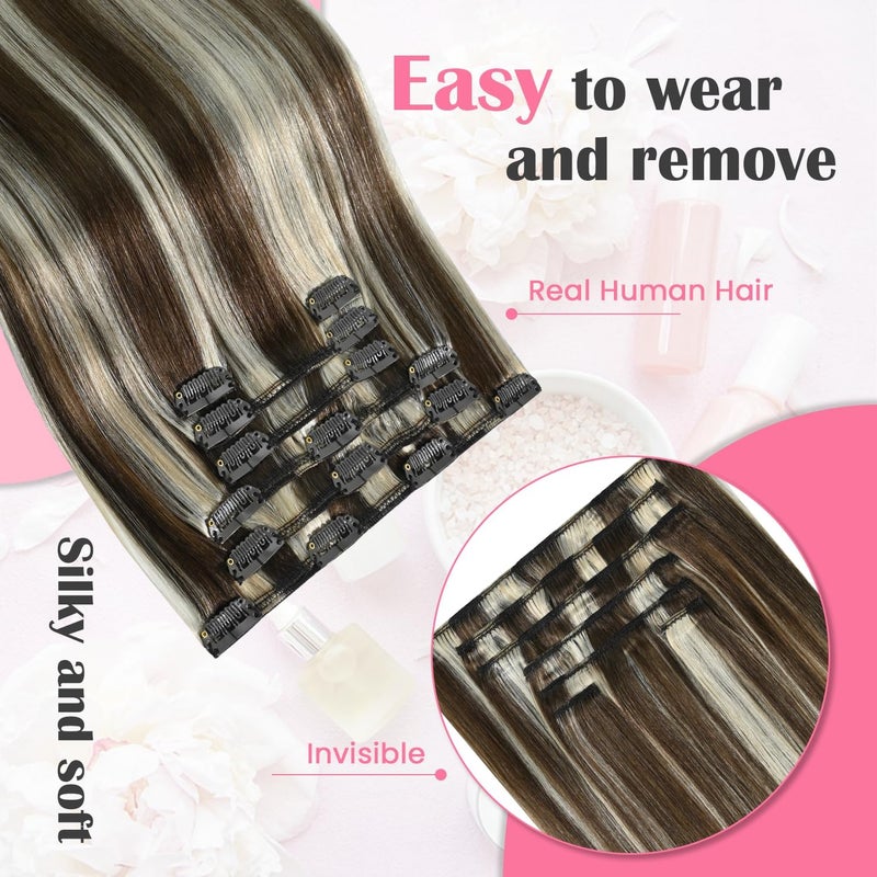 Aison Ombre Balayage Clip in Hair Extensions Real Human Hair 75G Medium Brown to Blonde 100% Remy Human Hair Straight for Women 7pcs 16clips(18 Inch #4P613) - Image 2