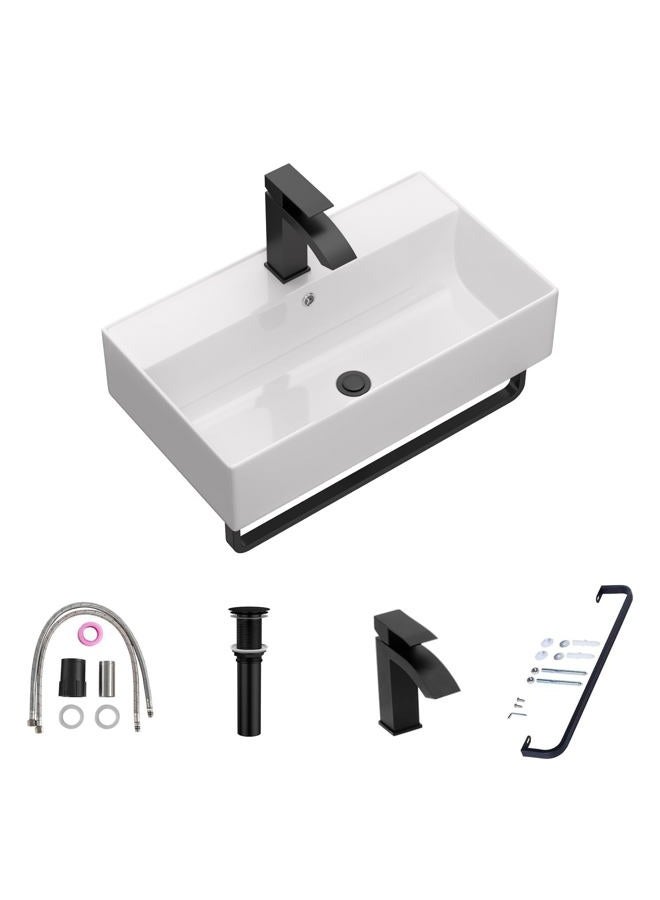 Lordear Wall Mounted Bathroom Sink with Towel Rack - 21 x 12 Inch Modern White Wall Hung Sink for Small Bathrooms, Rectangular One Hole Porcelain Vanity Sink - Image 1