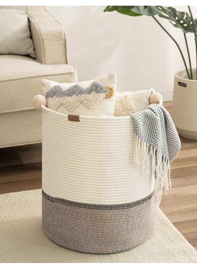 StorageWorks 58L Cotton Rope Laundry Basket with Wooden Beads Handles, Woven Basket for Storage, Dirty Clothes, Kids Toys, Towels, White & Light Brown - Image 1