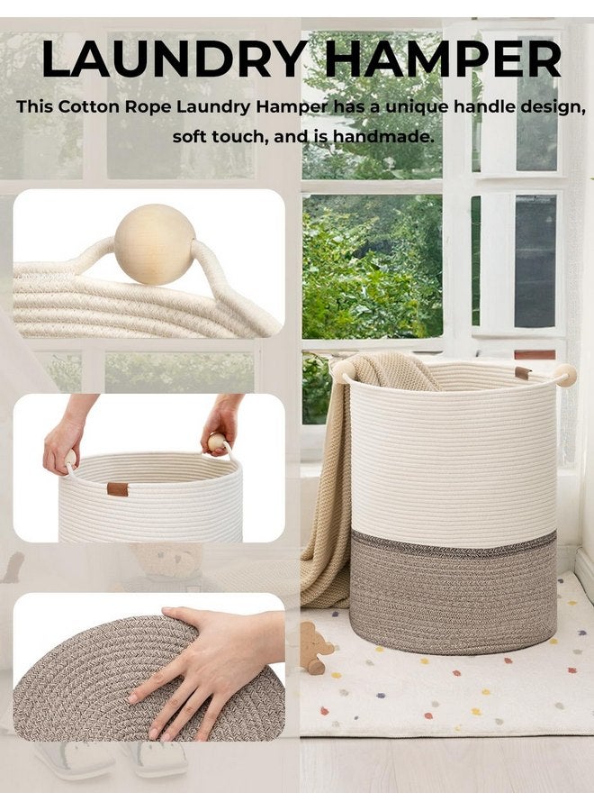 StorageWorks 58L Cotton Rope Laundry Basket with Wooden Beads Handles, Woven Basket for Storage, Dirty Clothes, Kids Toys, Towels, White & Light Brown - Image 3