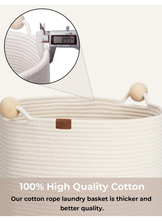 StorageWorks 58L Cotton Rope Laundry Basket with Wooden Beads Handles, Woven Basket for Storage, Dirty Clothes, Kids Toys, Towels, White & Light Brown - Image 4