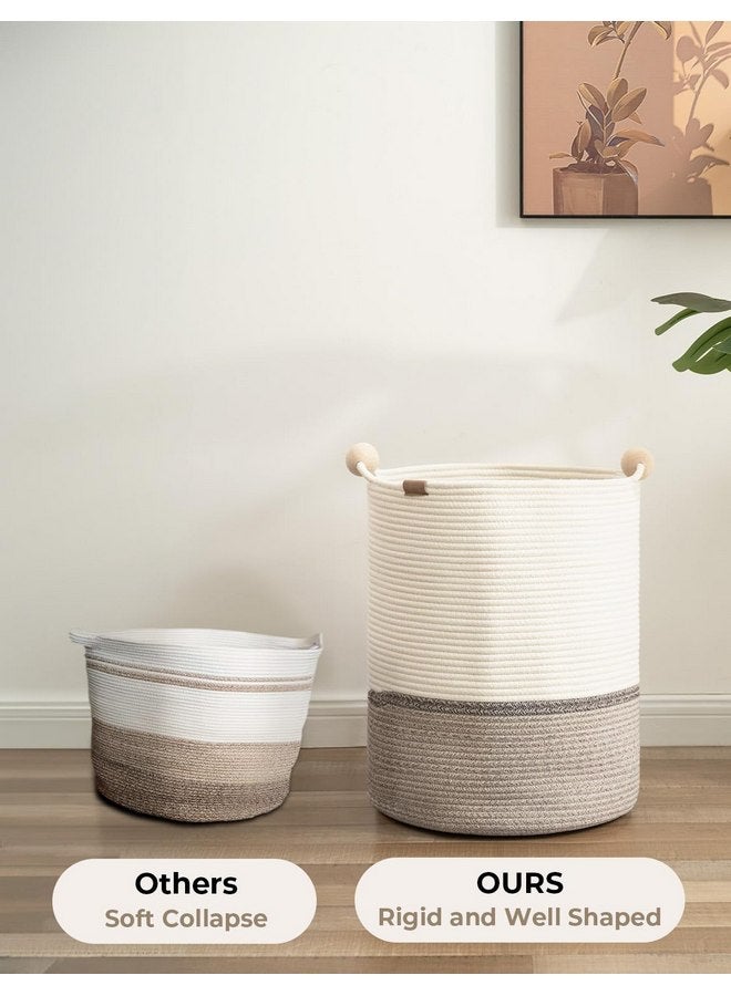 StorageWorks 58L Cotton Rope Laundry Basket with Wooden Beads Handles, Woven Basket for Storage, Dirty Clothes, Kids Toys, Towels, White & Light Brown - Image 5