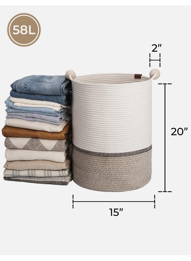 StorageWorks 58L Cotton Rope Laundry Basket with Wooden Beads Handles, Woven Basket for Storage, Dirty Clothes, Kids Toys, Towels, White & Light Brown - Image 2