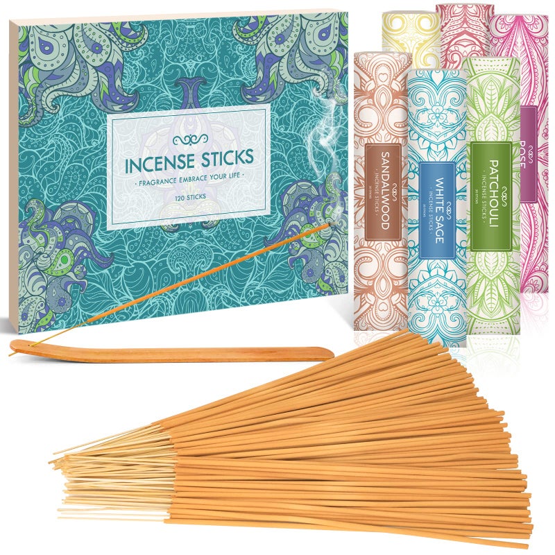SCENTORINI Incense Sticks Gift Set 120 Incense Sticks with Holder White Sage Cinnamon Sandalwood Rose Patchouli Frankincense for Relaxation Yoga Aromatherapy