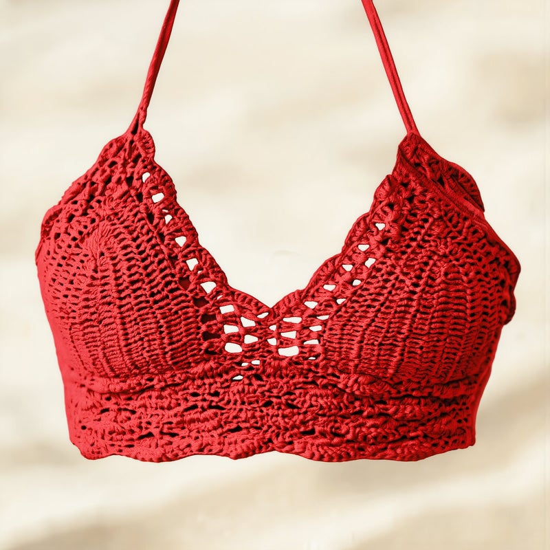 Crochet Knit Halter Bikini Top Women White S Cotton Blend Breathable Swimwear - Image 3