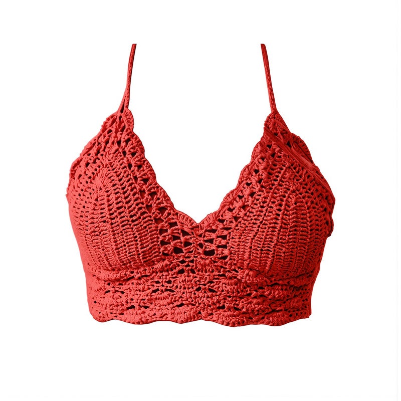 Crochet Knit Halter Bikini Top Women White S Cotton Blend Breathable Swimwear - Image 2
