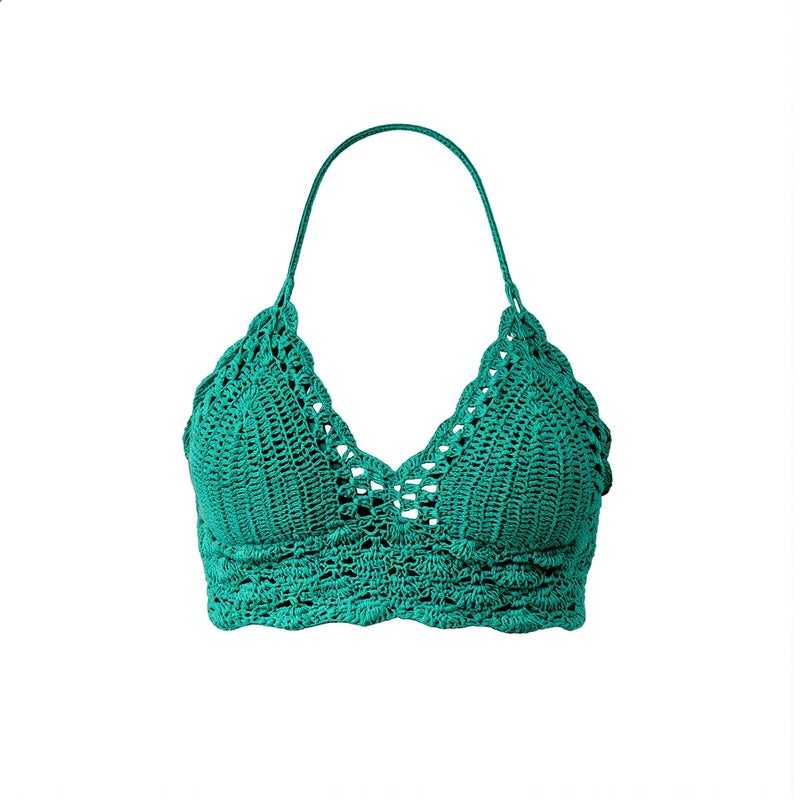 Crochet Knit Halter Bikini Top Women White S Cotton Blend Breathable Swimwear - Image 1