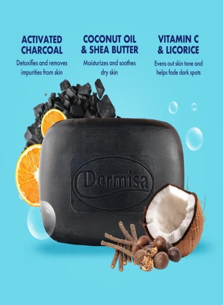 DERMISA صابون ديرميزا بالفحم | صابون تنظيف لطيف طبيعي | يحتوي على الفحم النشط وزيت جوز الهند وزبدة الشيا وفيتامين C وعشبة العرقسوس | بدون بارابين | 3 أونصات (عبوة واحدة) - Image 1