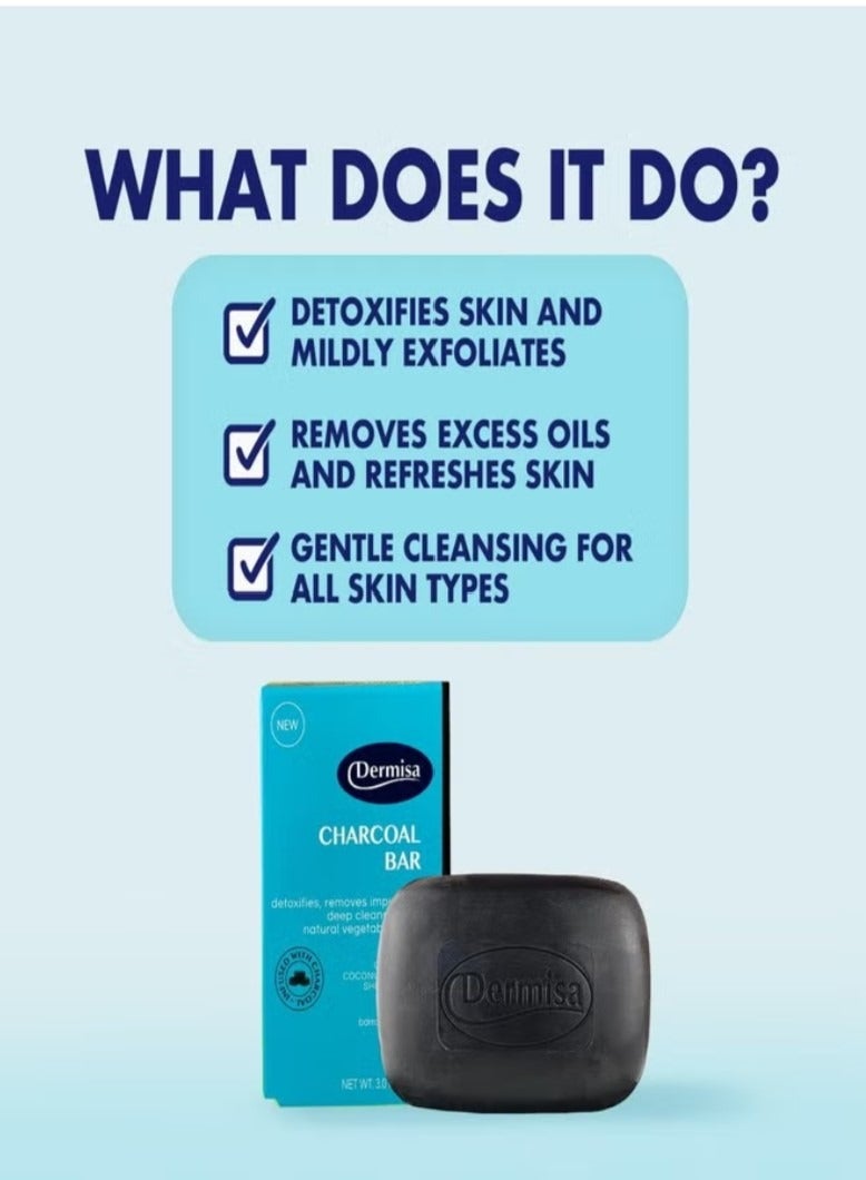 DERMISA صابون ديرميزا بالفحم | صابون تنظيف لطيف طبيعي | يحتوي على الفحم النشط وزيت جوز الهند وزبدة الشيا وفيتامين C وعشبة العرقسوس | بدون بارابين | 3 أونصات (عبوة واحدة) - Image 4