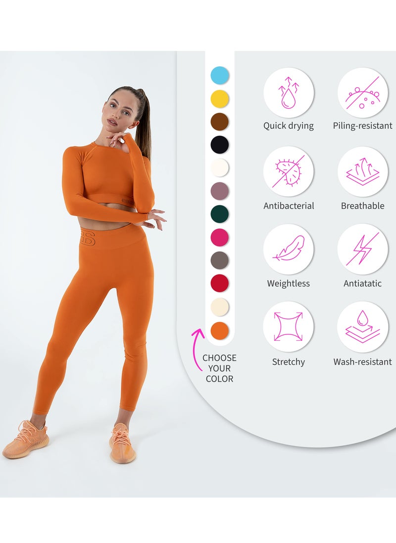 Bernessi Turkiye Nylon Sports Leggings for Women High Waisted Ladies Workout Running Fitness Yoga Gym Pants with Tummy Control Textured Orange Amber Color  - Image 5
