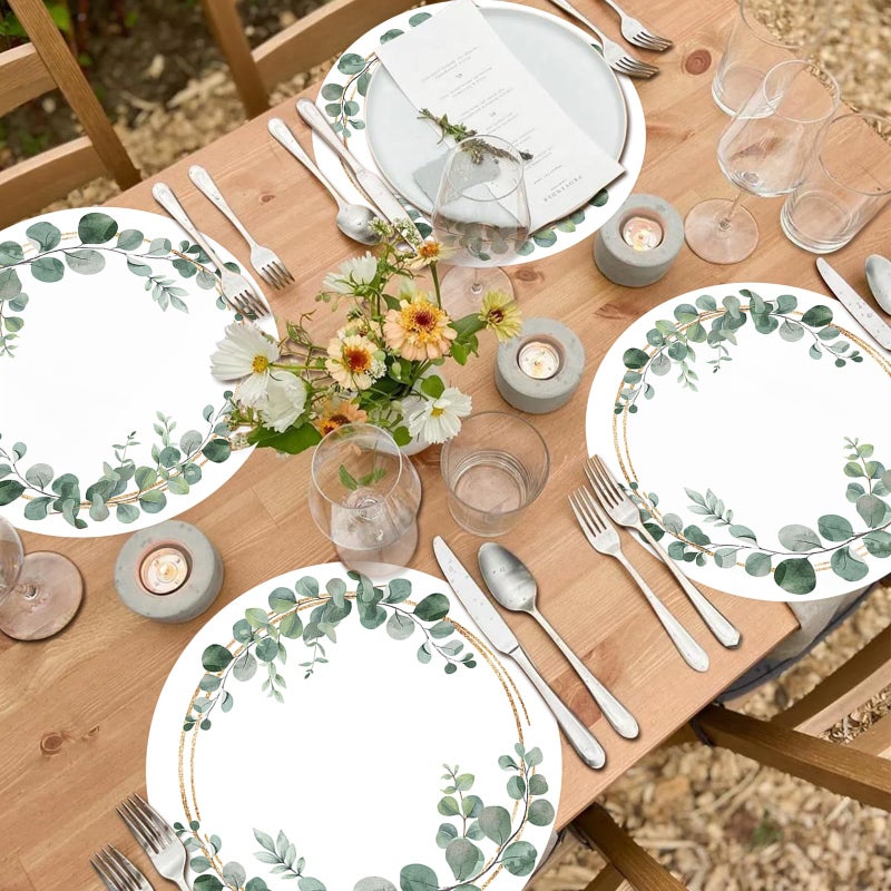 Tarklanda Disposable Paper Placemats - 100 Pack Green Eucalyptus Leaves Round Table Mats, 13.7 Inch, Perfect for Birthday, Baby Shower, Party Decoration - Image 5
