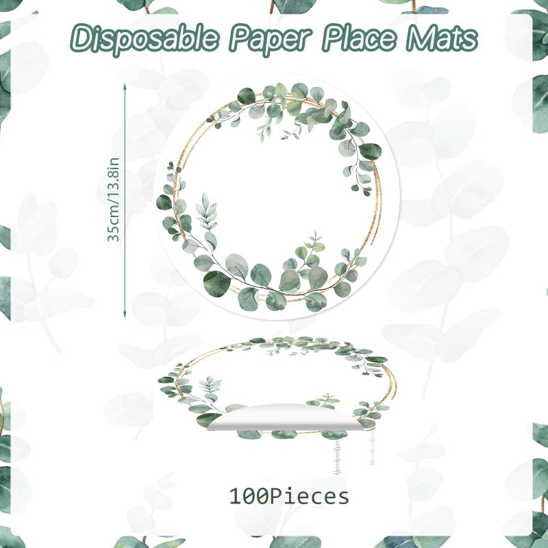 Tarklanda Disposable Paper Placemats - 100 Pack Green Eucalyptus Leaves Round Table Mats, 13.7 Inch, Perfect for Birthday, Baby Shower, Party Decoration - Image 2