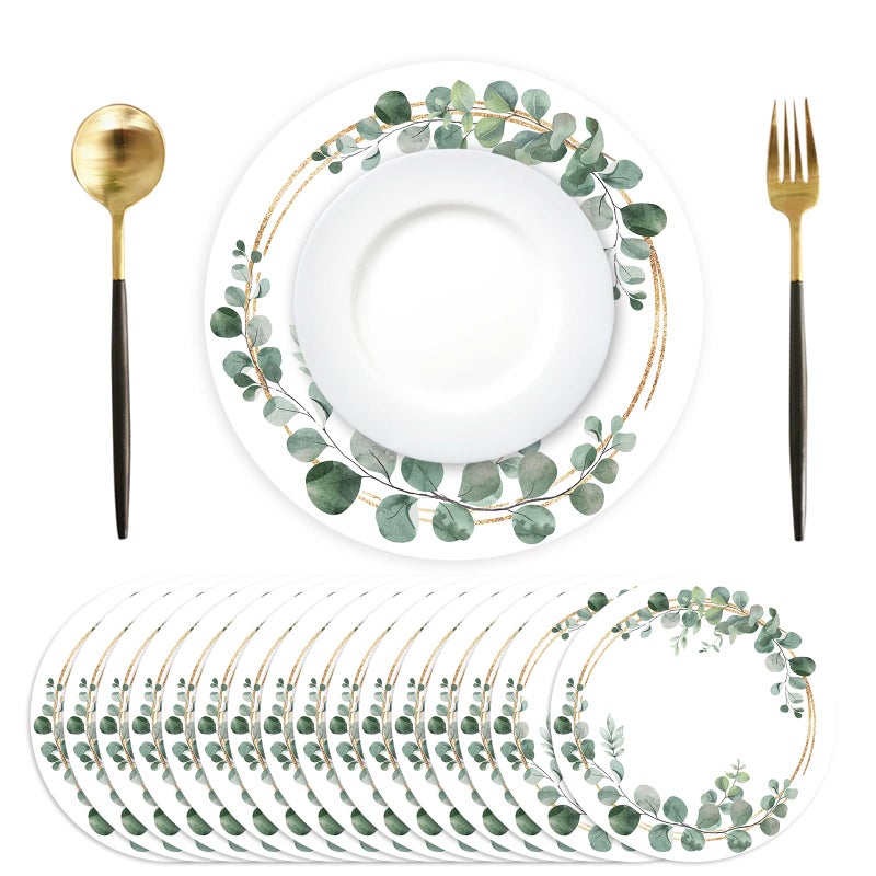 Tarklanda Disposable Paper Placemats - 100 Pack Green Eucalyptus Leaves Round Table Mats, 13.7 Inch, Perfect for Birthday, Baby Shower, Party Decoration - Image 1