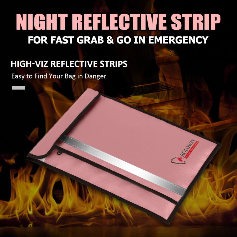 ROLOWAY Fireproof Document Bag (15 x 11 inch) with 2 Pockets & Waterproof Zipper, Fireproof Money Bag, Fire Safe Bag with Reflective Strip, Fireproof Envelope for Cash, Legal Documents Safe (Pink) - Image 4