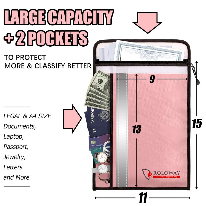 ROLOWAY Fireproof Document Bag (15 x 11 inch) with 2 Pockets & Waterproof Zipper, Fireproof Money Bag, Fire Safe Bag with Reflective Strip, Fireproof Envelope for Cash, Legal Documents Safe (Pink) - Image 2