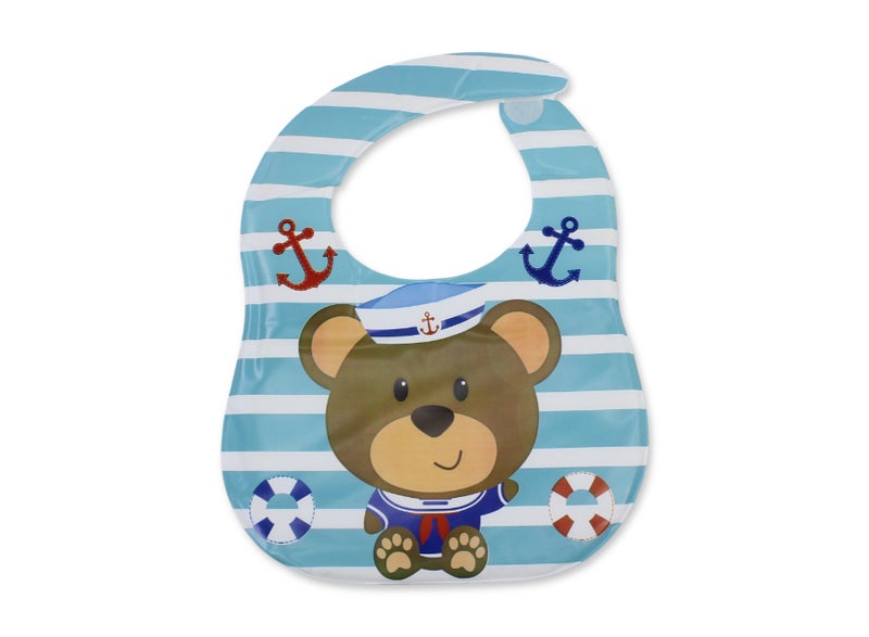 La Frutta Waterproof Flap-Pocket Bib – Mint & White Striped with Sailor Teddy Bear