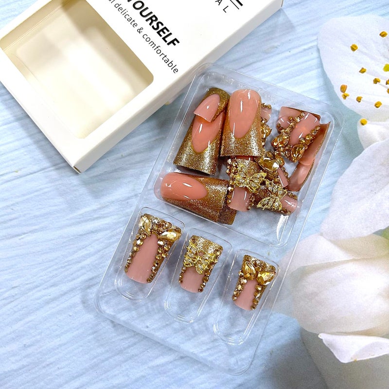 CJDLTS Gold Rhinestones Butterfly Press on Nails Medium Duckbill Design Coffin Full Cover Artificial Acrylic French Stick on DIY Glue on for Women Manicure Kit - Image 4