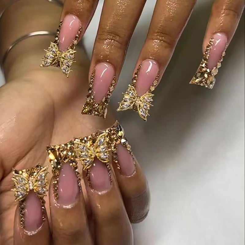 CJDLTS Gold Rhinestones Butterfly Press on Nails Medium Duckbill Design Coffin Full Cover Artificial Acrylic French Stick on DIY Glue on for Women Manicure Kit - Image 2