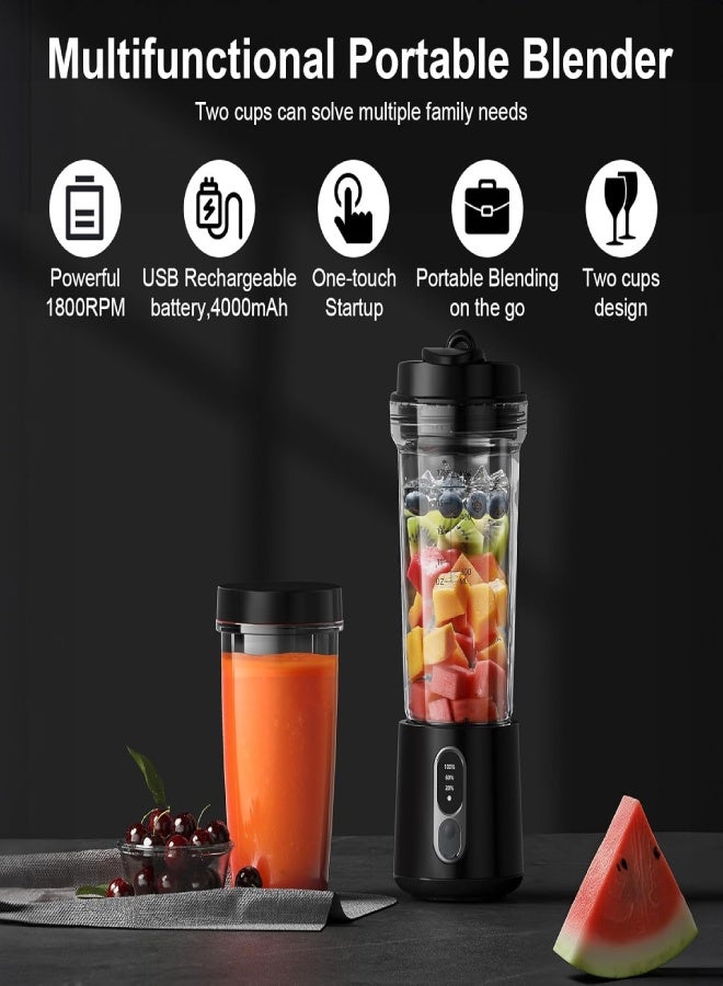 AROAQ Portable Blender for Shakes and Smoothies, 2 Portable Blender Cups, 17 and 10 oz Cordless Small Personal Blender with Straw Brush and Lid, USB-C Rechargeable, Mini-Black - Image 2