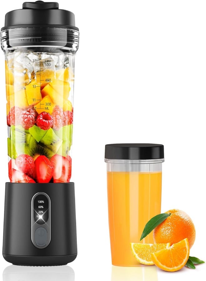 AROAQ Portable Blender for Shakes and Smoothies, 2 Portable Blender Cups, 17 and 10 oz Cordless Small Personal Blender with Straw Brush and Lid, USB-C Rechargeable, Mini-Black - Image 1