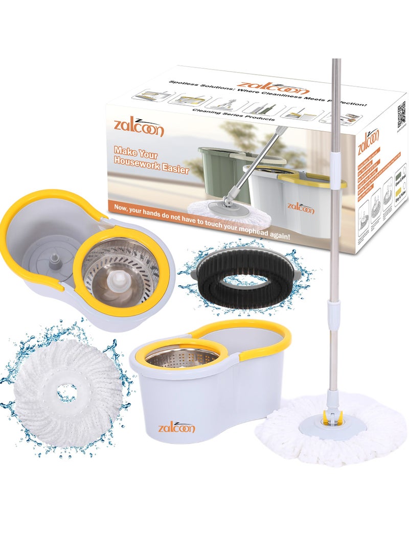 Zalcoon - Spin Mop and Bucket with Wringer Set, 360° Spinning Mop and Bucket System with 2 Replacement Heads, Stainless Steel Adjustable Handle and Scrub Brush for Floor Cleaning (Grey) - Image 1