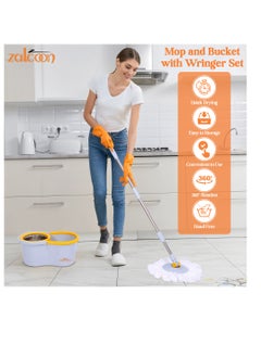 Zalcoon Spin Mop and Bucket with Wringer Set, 360° Spinning Mop and Bucket System with 2 Replacement Heads, Stainless Steel Adjustable Handle and Scrub Brush for Floor Cleaning (Grey)  - Image 2
