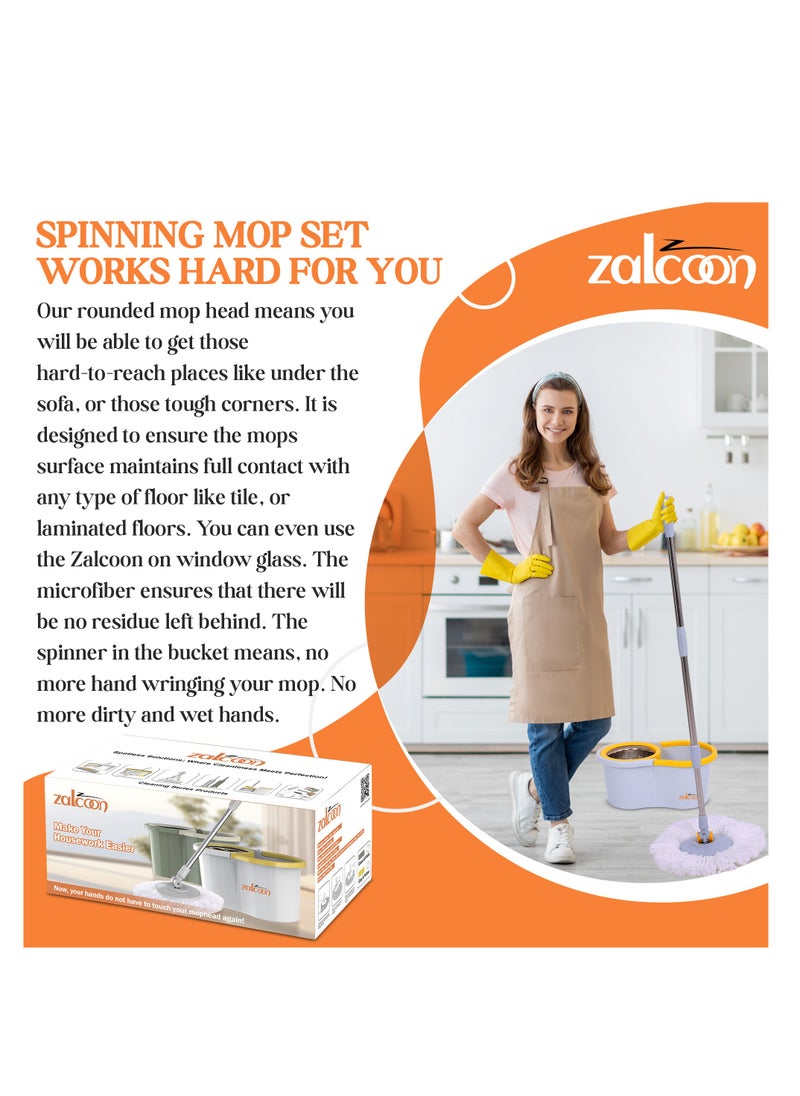 Zalcoon - Spin Mop and Bucket with Wringer Set, 360° Spinning Mop and Bucket System with 2 Replacement Heads, Stainless Steel Adjustable Handle and Scrub Brush for Floor Cleaning (Grey) - Image 1