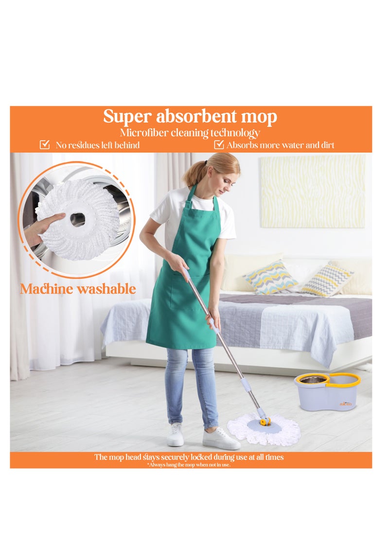 Zalcoon - Spin Mop and Bucket with Wringer Set, 360° Spinning Mop and Bucket System with 2 Replacement Heads, Stainless Steel Adjustable Handle and Scrub Brush for Floor Cleaning (Grey) - Image 1