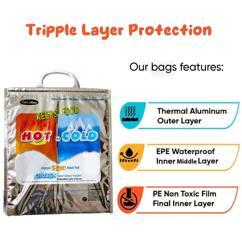 Take Away Hot and Cold Small Bag for Food Storage, Reusable, Thermal,Aluminium Foil (3 Layer Protection, Size – 35 x 30 cm) Pack of 1 - Image 3