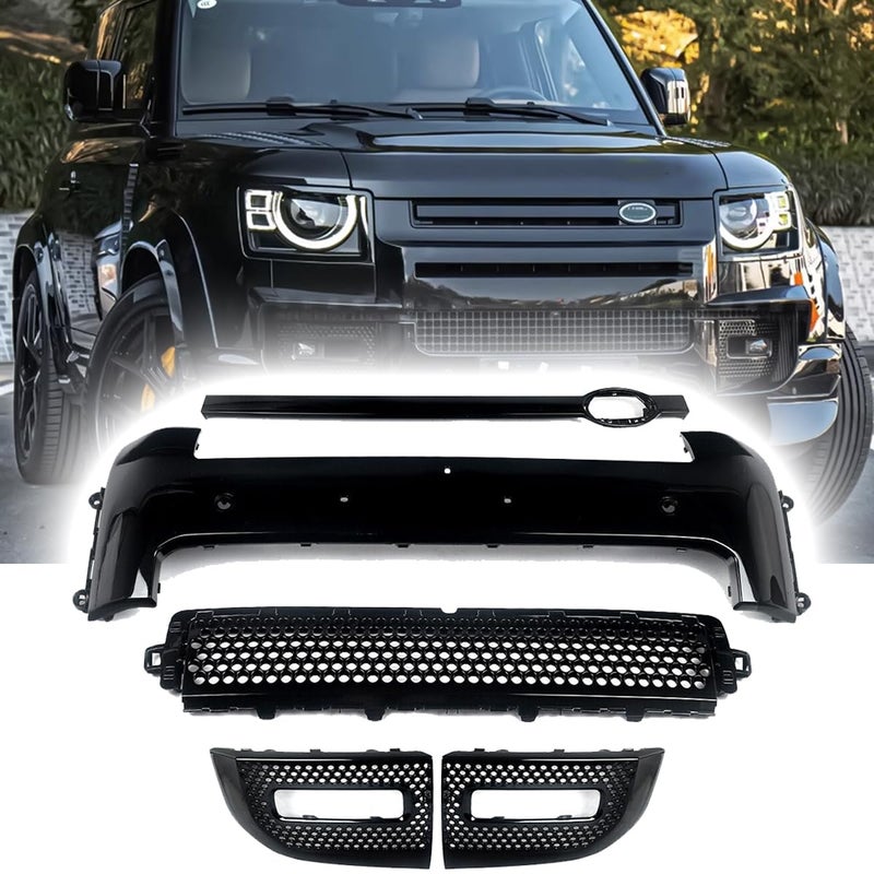 Generic Yucisily 11pcs Santorini Glossy Black Body Kits Modified Front Rear Bumper Trims Grille Cover fits for Land Rover Defender 110 90 130 2020-2024 (5pcs of Front, Defender with Electric Trailer Hook)  - Image 1