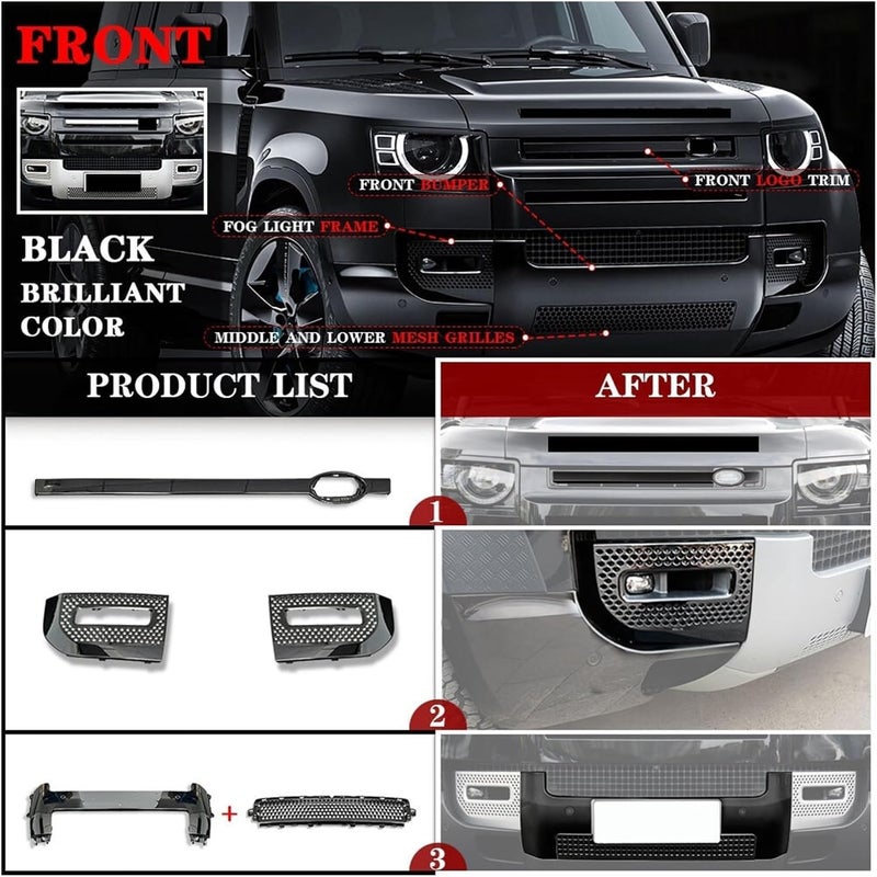 Generic Yucisily 11pcs Santorini Glossy Black Body Kits Modified Front Rear Bumper Trims Grille Cover fits for Land Rover Defender 110 90 130 2020-2024 (5pcs of Front, Defender with Electric Trailer Hook)  - Image 2