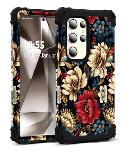 SleekCover for Galaxy S24 Ultra Case,3 in 1 Floral Pattern Heavy Duty Shockproof Soft Silicone Rubber Bumper+Hard Plastic Hybrid Protective Cover for Samsung Galaxy S24 Ultra 6.8",Black Flower - Image 1