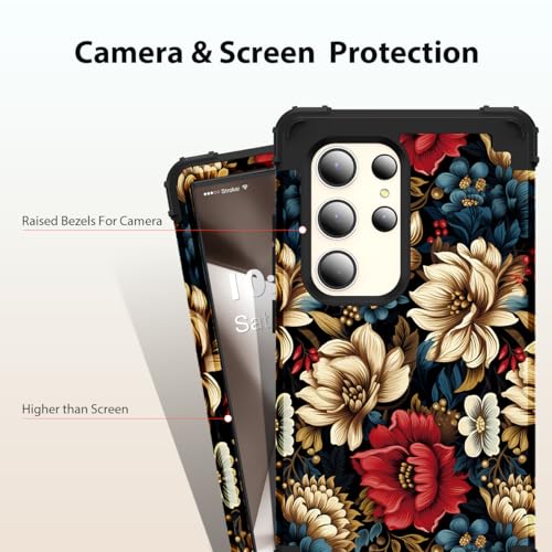 SleekCover for Galaxy S24 Ultra Case,3 in 1 Floral Pattern Heavy Duty Shockproof Soft Silicone Rubber Bumper+Hard Plastic Hybrid Protective Cover for Samsung Galaxy S24 Ultra 6.8",Black Flower - Image 5