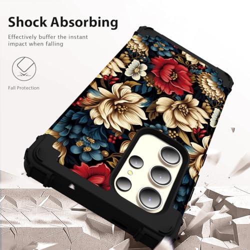 SleekCover for Galaxy S24 Ultra Case,3 in 1 Floral Pattern Heavy Duty Shockproof Soft Silicone Rubber Bumper+Hard Plastic Hybrid Protective Cover for Samsung Galaxy S24 Ultra 6.8",Black Flower - Image 4