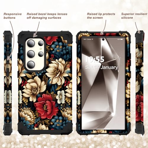 SleekCover for Galaxy S24 Ultra Case,3 in 1 Floral Pattern Heavy Duty Shockproof Soft Silicone Rubber Bumper+Hard Plastic Hybrid Protective Cover for Samsung Galaxy S24 Ultra 6.8",Black Flower - Image 3