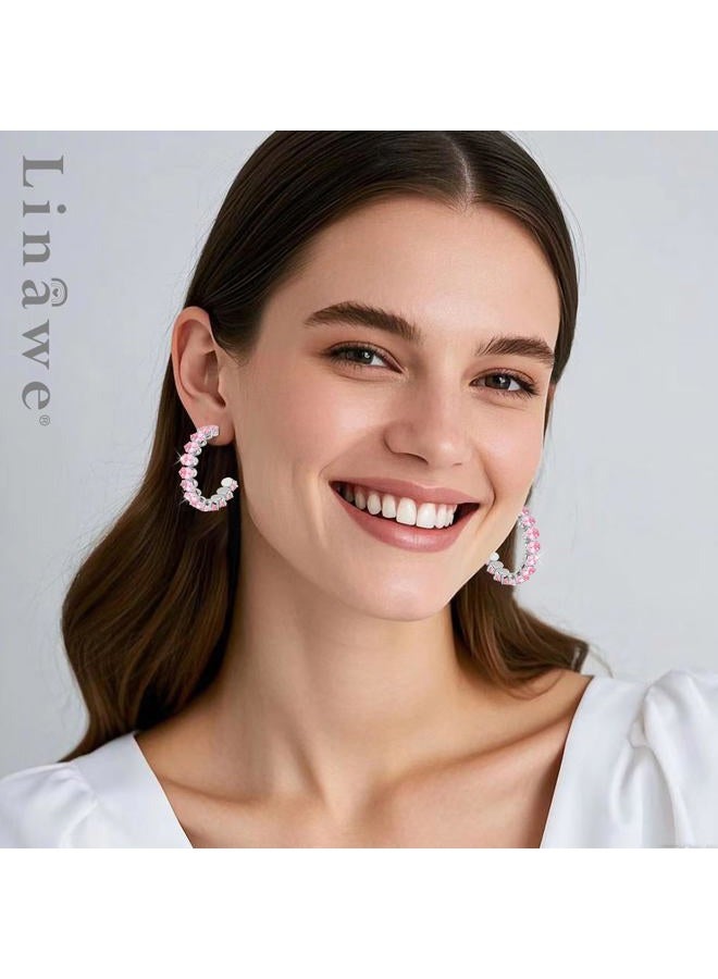 Linawe Hypoallergenic Stainless Steel Chunky Hoop Earrings for Women, Gold/Silver Tones, Birthstone Rhinestone Imitation Diamond Crystal Cubic Zirconia Large Half Hoop Earrings, Gold,October, Cubic - Image 3
