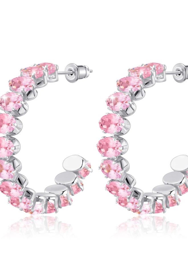 Linawe Hypoallergenic Stainless Steel Chunky Hoop Earrings for Women, Gold/Silver Tones, Birthstone Rhinestone Imitation Diamond Crystal Cubic Zirconia Large Half Hoop Earrings, Gold,October, Cubic - Image 1