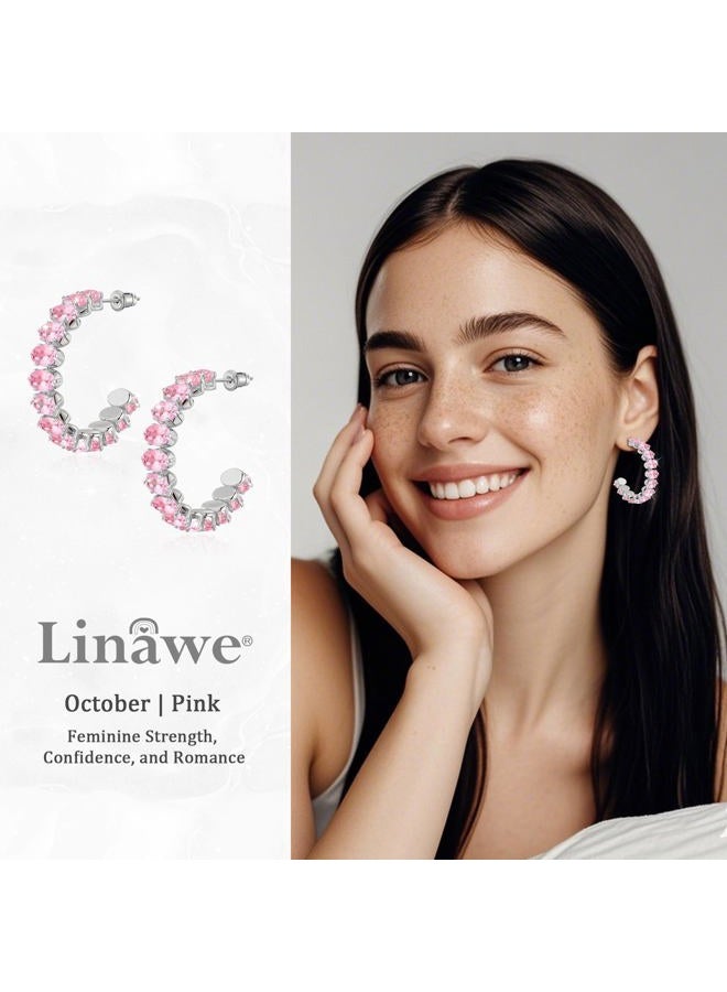 Linawe Hypoallergenic Stainless Steel Chunky Hoop Earrings for Women, Gold/Silver Tones, Birthstone Rhinestone Imitation Diamond Crystal Cubic Zirconia Large Half Hoop Earrings, Gold,October, Cubic - Image 2