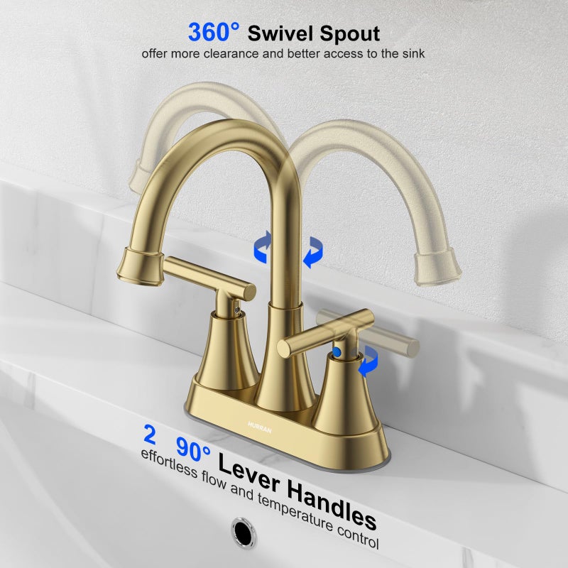 Hurran Bathroom Faucets for Sink 3 Hole, Hurran 4 inch Brushed Gold Bathroom Sink Faucet with Pop-up Drain and Supply Hoses, Stainless Steel Lead-Free Centerset Faucet for Bathroom Sink Vanity RV, 2 Pack - Image 3