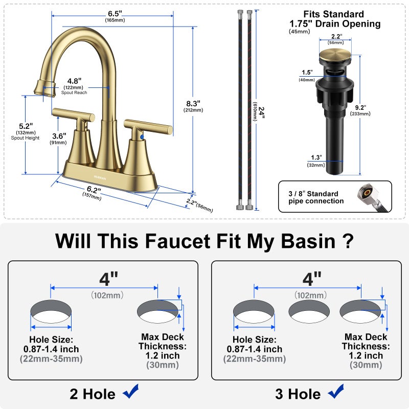 Hurran Bathroom Faucets for Sink 3 Hole, Hurran 4 inch Brushed Gold Bathroom Sink Faucet with Pop-up Drain and Supply Hoses, Stainless Steel Lead-Free Centerset Faucet for Bathroom Sink Vanity RV, 2 Pack - Image 5