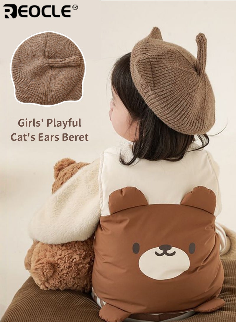 REOCLE Girl's Beret with Cat Ears and Playful Tail Design Children's Fashion Hat with Adorable Detail for Outdoor Party Dress Up - Image 1