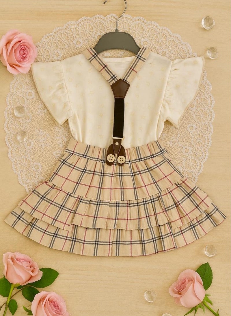 ANDRINA Girls Summer Elegant Set, Cute Print White Shirt and Plaid Suspender Skirt, Comfortable Casual Kids Clothes for Daily Occasions  - Image 2