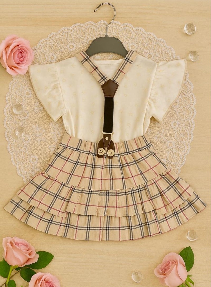 ANDRINA Girls Summer Elegant Set, Cute Print White Shirt and Plaid Suspender Skirt, Comfortable Casual Kids Clothes for Daily Occasions - Image 4