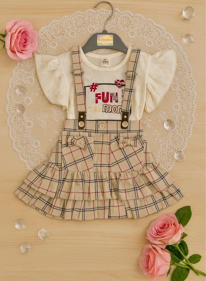 ANDRINA Girls Summer Elegant Set, Cute Print White Shirt and Plaid Suspender Skirt, Comfortable Casual Kids Clothes for Daily Occasions - Image 3