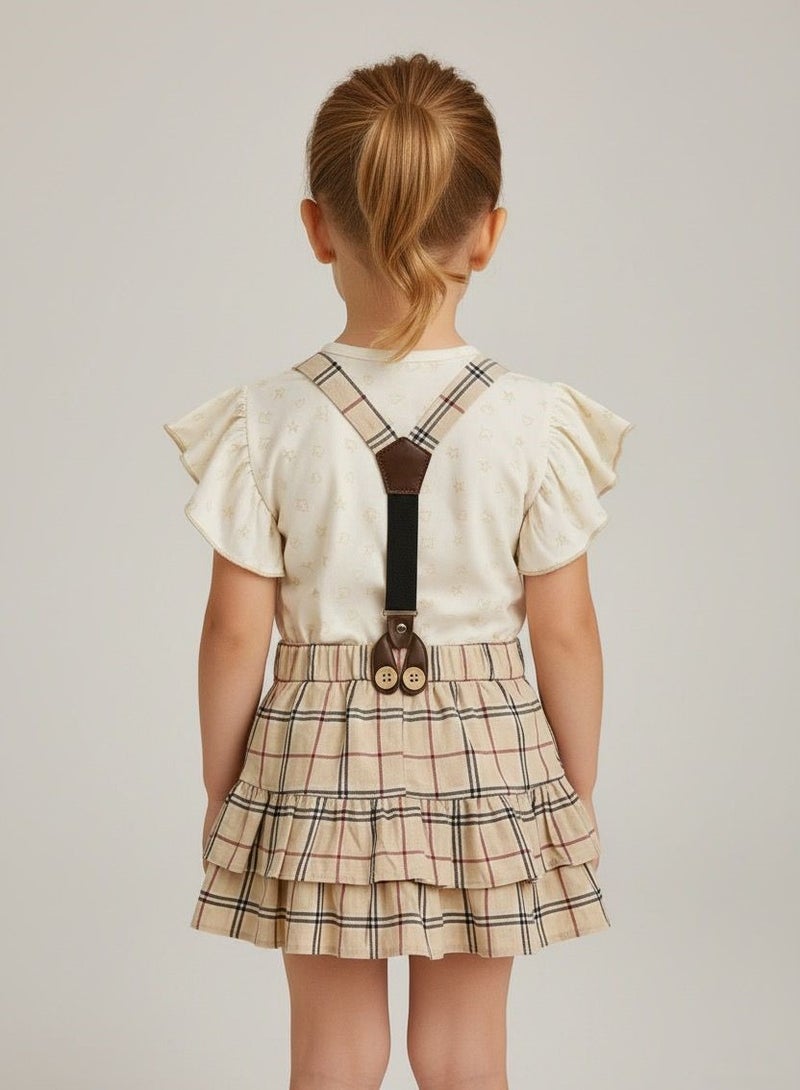 ANDRINA Girls Summer Elegant Set, Cute Print White Shirt and Plaid Suspender Skirt, Comfortable Casual Kids Clothes for Daily Occasions - Image 2