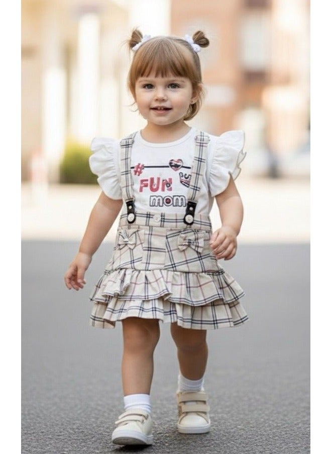 ANDRINA Girls Summer Elegant Set, Cute Print White Shirt and Plaid Suspender Skirt, Comfortable Casual Kids Clothes for Daily Occasions - Image 1