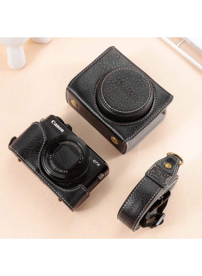 ماركة غير محددة حقيبة كاميرا Canon G7X2 G7X3 G9X SX720 SX730 SX740 غطاء كاميرا حافظة واقية لمعدات التصوير الفوتوغرافي حقيبة مستندات جلدية - الأبعاد: G7X2/G7X3 "نسخة فاخرة من نمط اللحاء" أسود  - Image 1