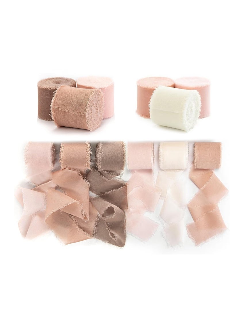 NIIMBOT 6 Rolls Satin Ribbon Set, Handmade Fringe Chiffon Ribbon, 4 cm x 5 m Total 30 m, Silk Like Vintage Decorative Ribbon for Wedding Invitations, Bridal Bouquets, Gift Wrapping and DIY Crafts, Cream and Orange - Image 3