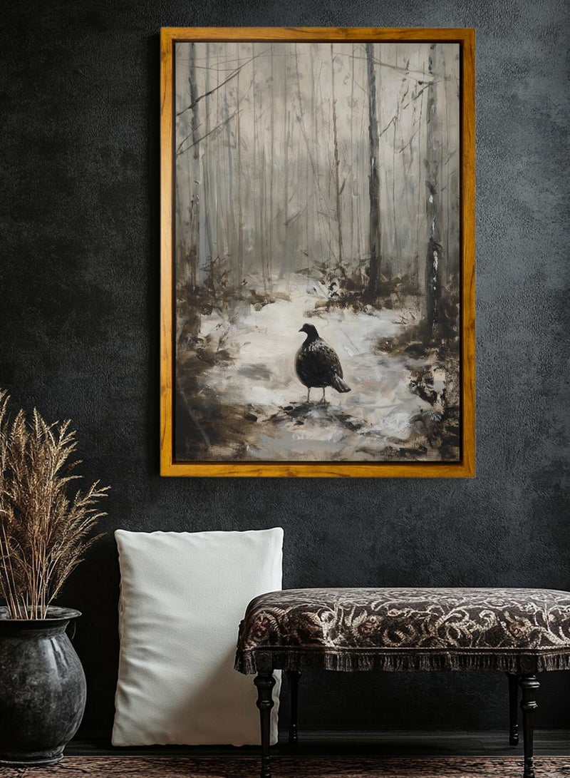 لوحة كانفاس على إطار خشبي بإطار خارجي باللون الخشبي وتصميم كلاسيكي لطائر وسط الغابة - Image 1