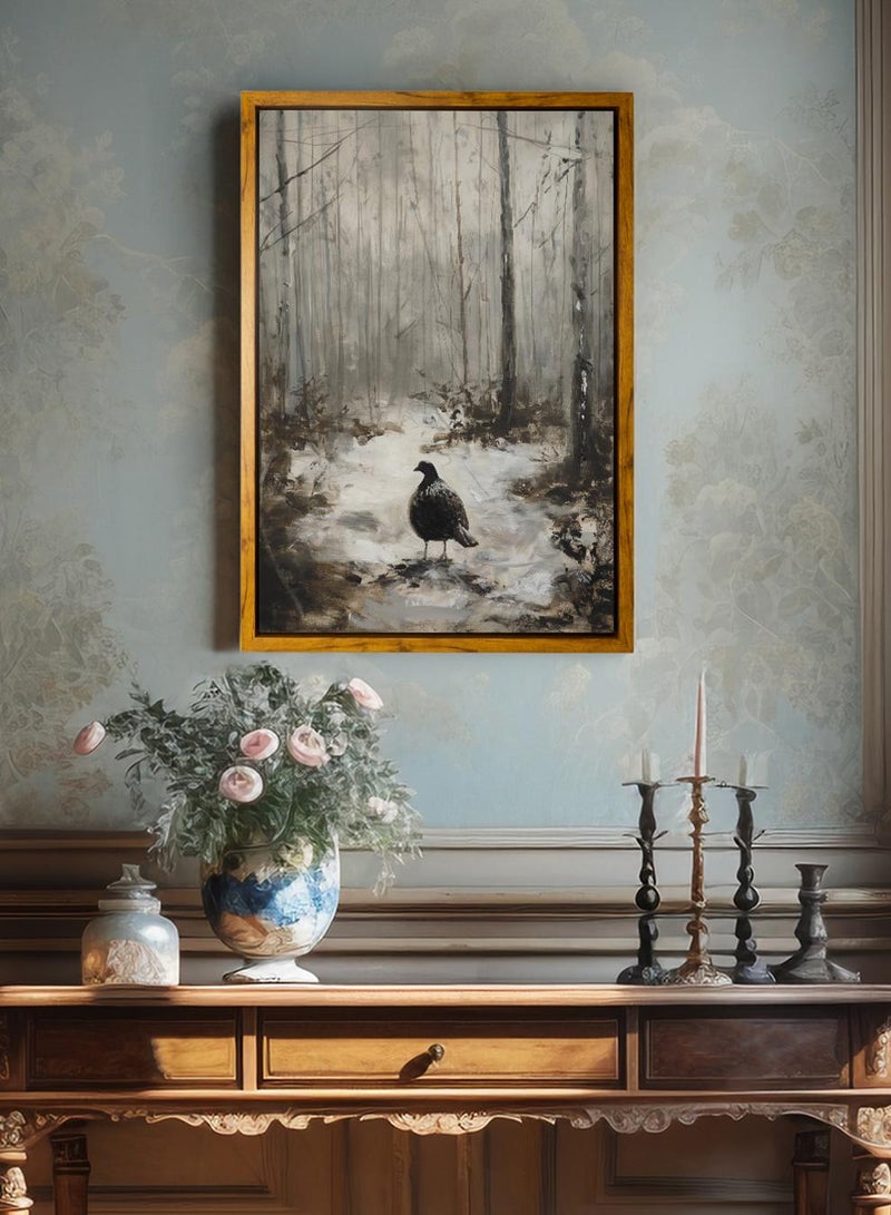 لوحة كانفاس على إطار خشبي بإطار خارجي باللون الخشبي وتصميم كلاسيكي لطائر وسط الغابة - Image 4